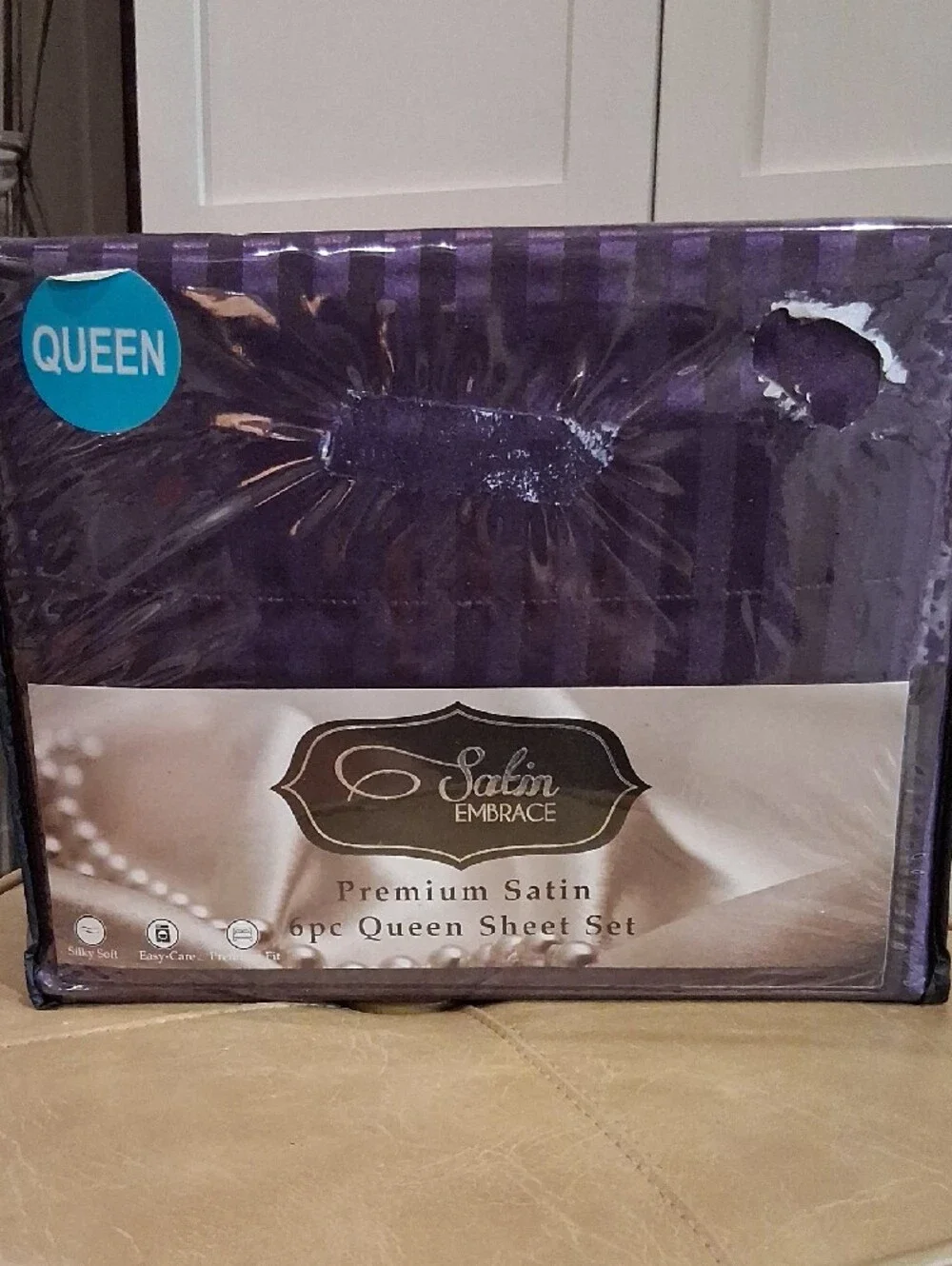 Que Satin Embrace Queen Sheet Set - Deep Purple Stripes